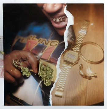 Collage featuring a person with gold teeth holding cannabis, alongside a gold watch and jewelry, set on a torn paper background.
