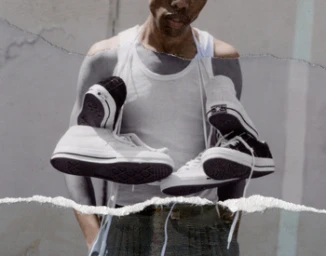 Man wearing a white tank top holding multiple pairs of sneakers with torn paper effect overlay
