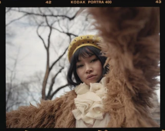 Woman wearing a yellow beret and furry brown coat outdoors with bare tree branches in background under natural light.