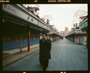Man walking on paved pedestrian street lined with traditional storefronts wearing dark coat while talking on mobile phone
