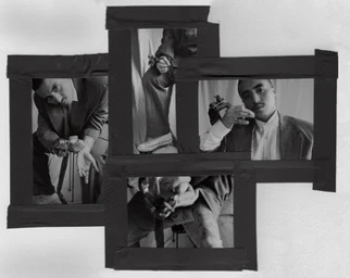 Monochrome photographic collage of a man in a tailored suit taped to a wall
