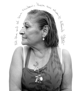 Profile view of a mature woman with short gray hair, wearing a casual tank top, set against a white background with handwritten text.