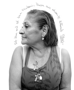 Profile view of a mature woman with short gray hair, wearing a casual tank top, set against a white background with handwritten text.