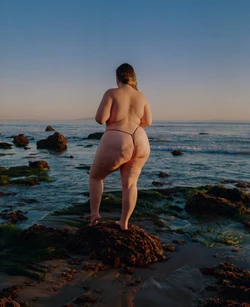 Full-figured adult female stands on a rock on a beach, gazing out at the ocean at sunset, rocks scattered around, bathed in golden light.