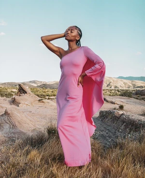 Black woman wearing a long pink one-shoulder dress posing outdoors in a rugged desert landscape with hills and sparse brush.
