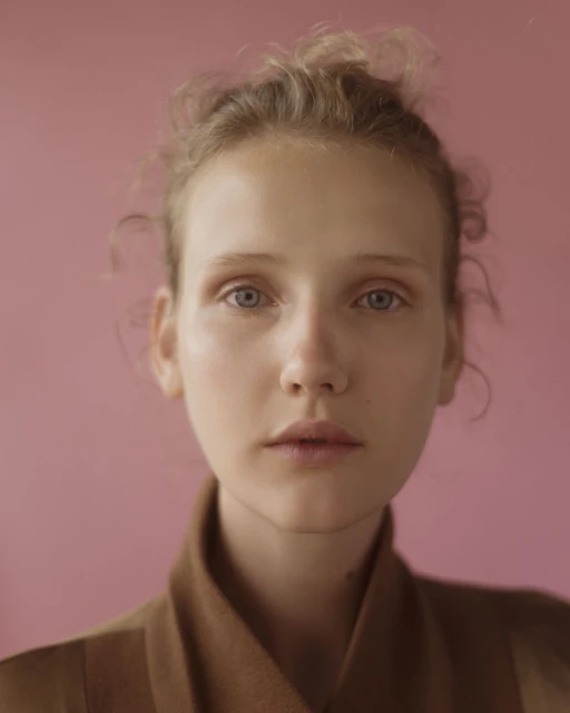Portrait of a young woman with fair skin and light hair, wearing a brown jacket, against a pink background in a studio setting.