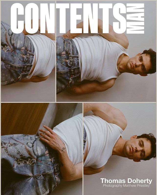 Thomas Doherty on the cover of Contents MAN magazine, wearing a white tank top and patchwork jeans, captured in a collage style.