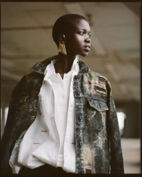 Black woman with short hair wearing a distressed denim jacket and white shirt, photographed by Matthew Priestley