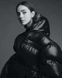 Portrait of a woman wearing a glossy black puffer jacket with a hood against a plain grey studio backdrop by Matthew Priestley.