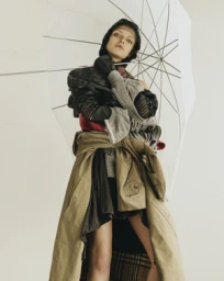 Model holding a large white umbrella wearing layered coats and a black hood against a plain white background