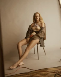 Model with long blonde hair seated on a vintage chair wearing an open olive jacket against a neutral backdrop.