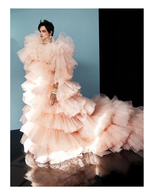 Fashion photography of a woman wearing an extravagant, tiered, light peach tulle gown. The portrait is set against a two-tone backdrop.