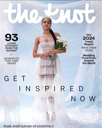 Magazine cover of a woman in a white gown holding flowers, featuring the words 'the knot,' 'get inspired now,' and 'headpieces that turn heads'.