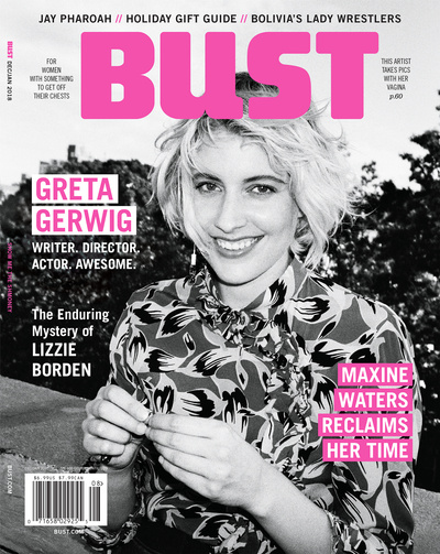 Magazine cover featuring Greta Gerwig wearing a patterned blouse against an outdoor background by photographer Nadya Wasylko