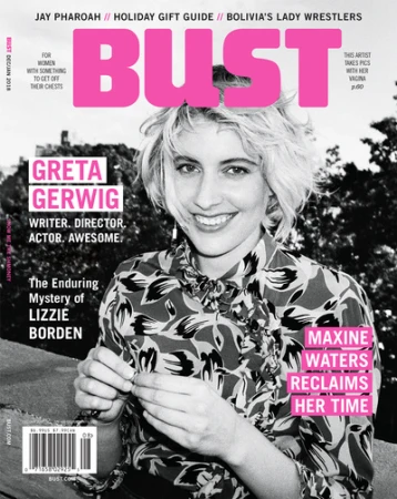 Magazine cover featuring Greta Gerwig wearing a patterned blouse against an outdoor background by photographer Nadya Wasylko