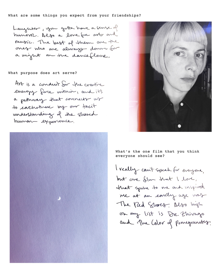 Composite layout featuring a woman with short bangs, handwritten text responses, and a crescent moon in a pale purple sky.