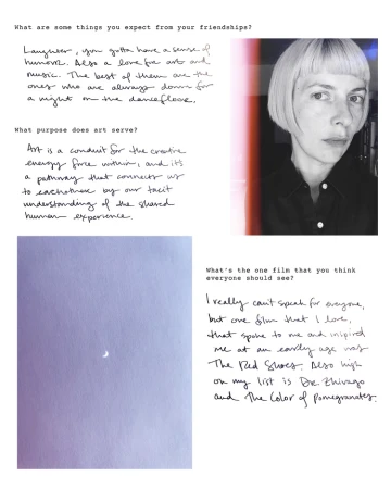 Composite layout featuring a woman with short bangs, handwritten text responses, and a crescent moon in a pale purple sky.