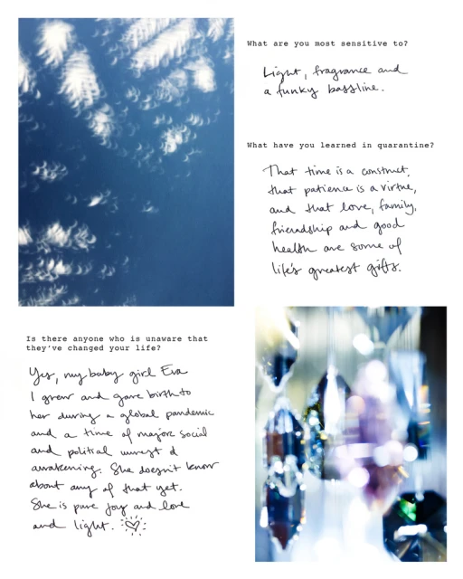 A collage of images: a cloudy sky, hand-written text on white paper, and decorative crystals on a blurred background, shot in daylight.