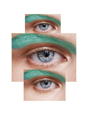 Three close-up views of an eye with light blue iris and vibrant teal-colored eyebrow makeup against a clean white background.