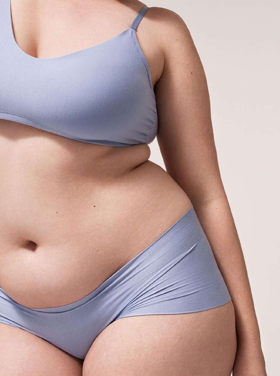 Close-up of a plus-size woman wearing a blue bra and underwear. The photograph is cropped at the upper chest and mid-thigh.