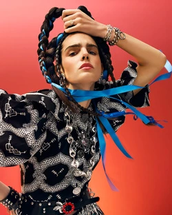 Portrait of a fashion model with intricate braids, wearing a patterned top against a vibrant red backdrop, showcasing a unique and bold style.