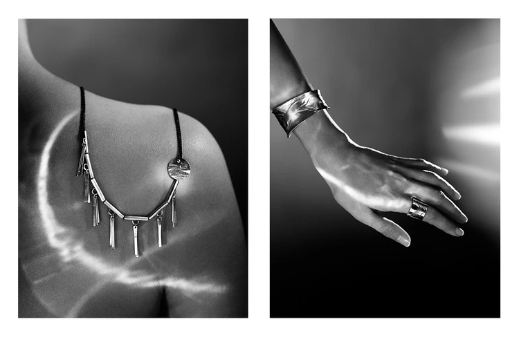 Two-panel monochrome studio shot: a necklace on a bare shoulder and a hand with a bracelet and ring against a gradient backdrop.