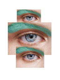 Collage of three close-up shots of blue eyes with bold green eyebrows against a white background