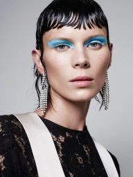 Close-up portrait of a woman with wet-look dark hair, bright blue eyeshadow, and dangling rhinestone earrings against a grey background.