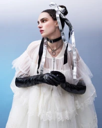 Model in layered sheer white ruffled dress with black leather gloves and silver hair ribbons by photographer Nadya Wasylko.