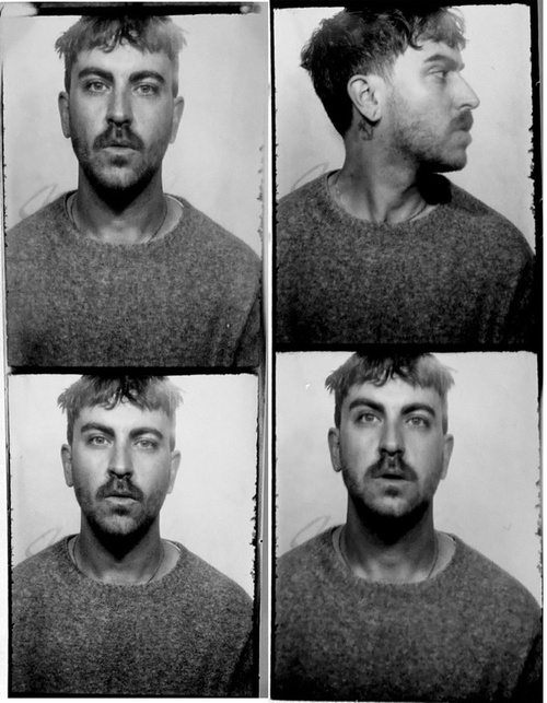 Four-panel portrait of an adult male with a mustache and short, choppy hair, wearing a grey sweater against a white background.