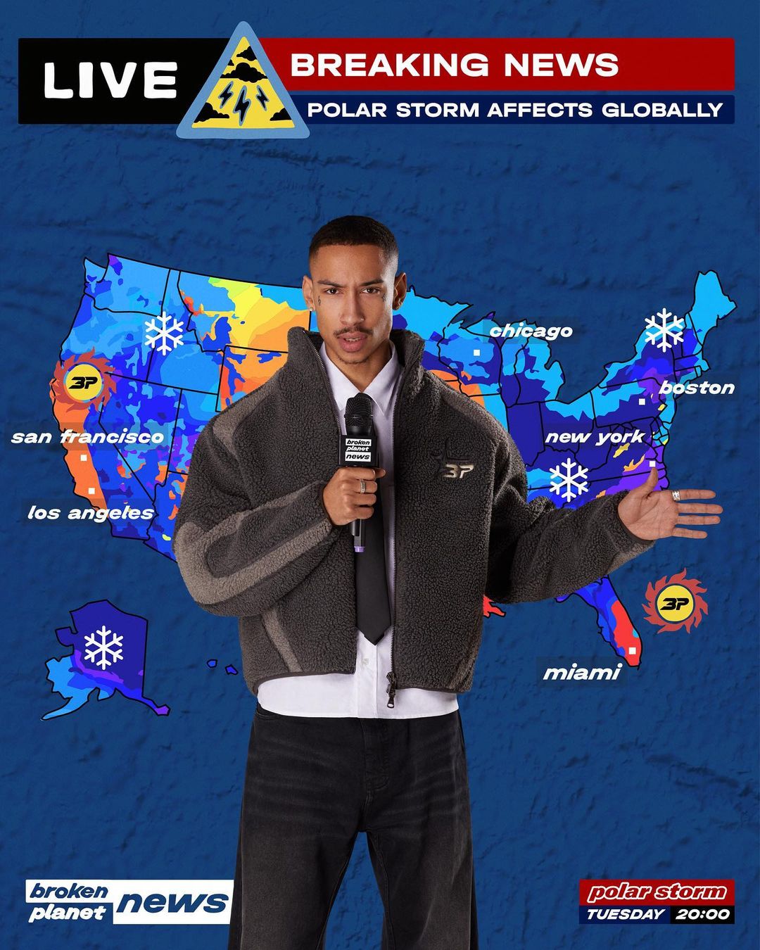 News anchor standing in front of a weather map reporting on a polar storm with cities labeled and breaking news banner displayed.