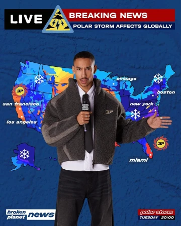 News anchor standing in front of a weather map reporting on a polar storm with cities labeled and breaking news banner displayed.