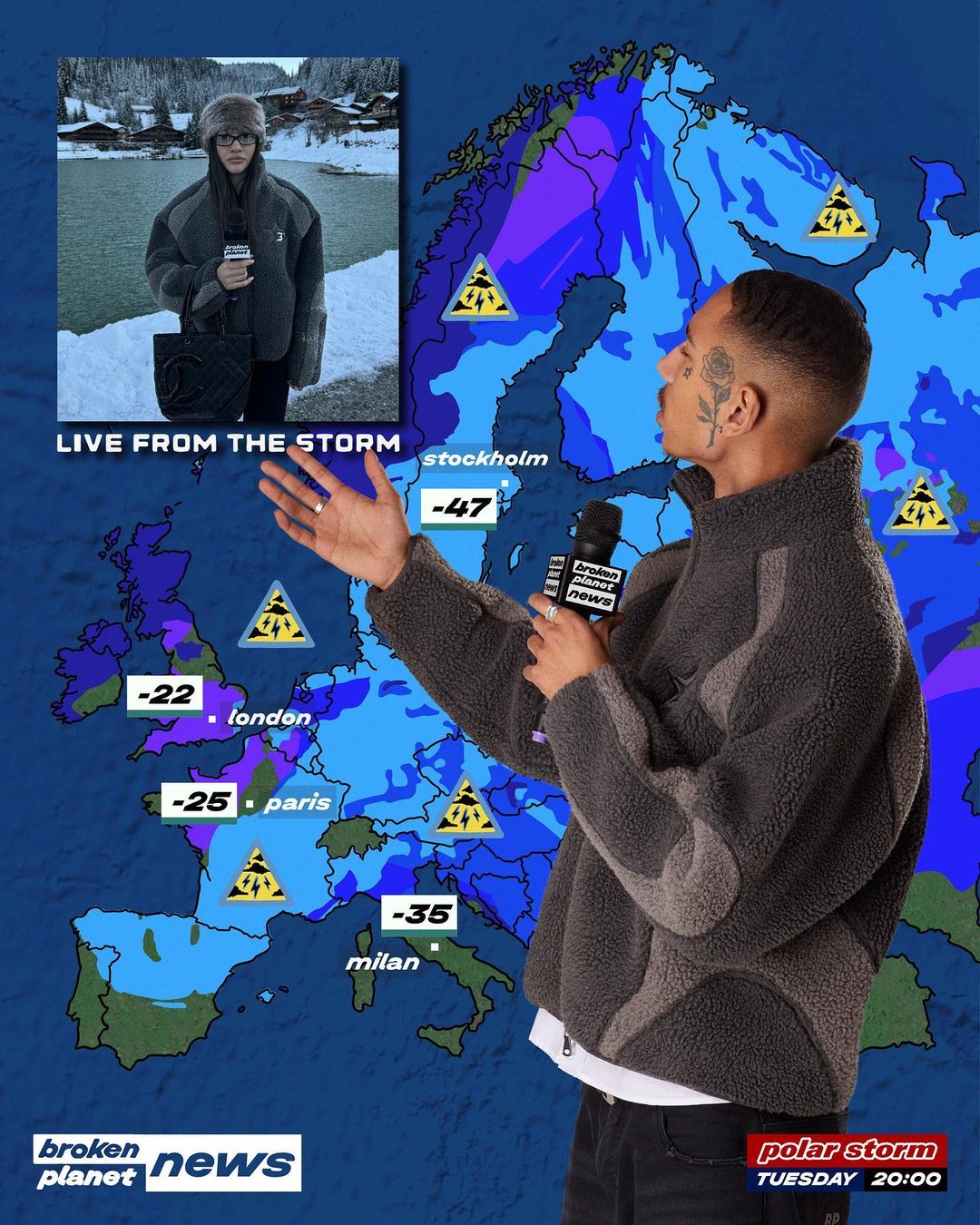 Weather report graphic featuring a male presenter and a map of Europe highlighting cities' temperatures and weather warnings.
