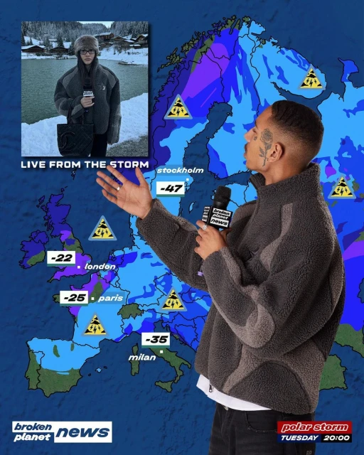 Weather report graphic featuring a male presenter and a map of Europe highlighting cities' temperatures and weather warnings.