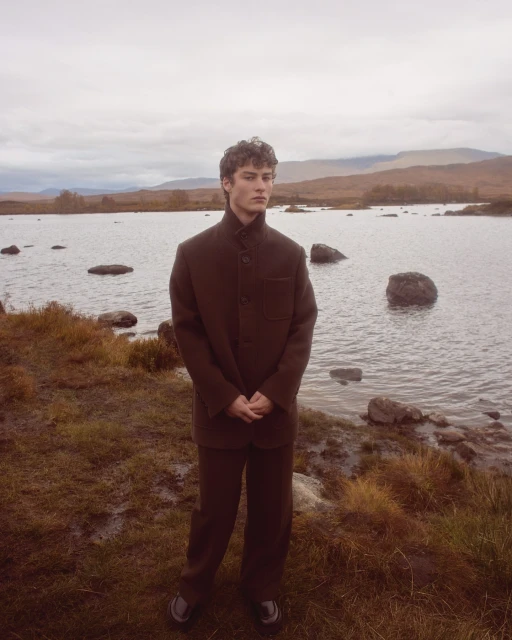 Young man in brown suit stands by a lake with mountains in the background under an overcast sky. Fashion shot, outdoor setting.