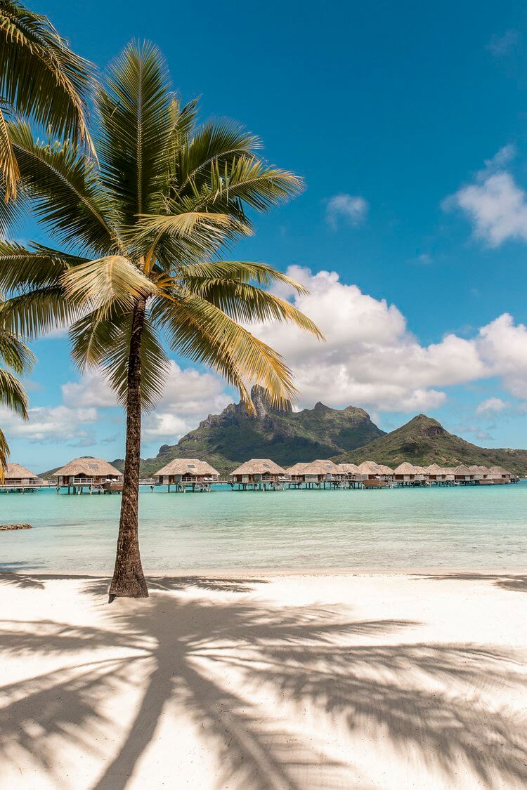Tropical beach scene with palm trees casting shadows on white sand and overwater bungalows in turquoise water, backed by mountains.