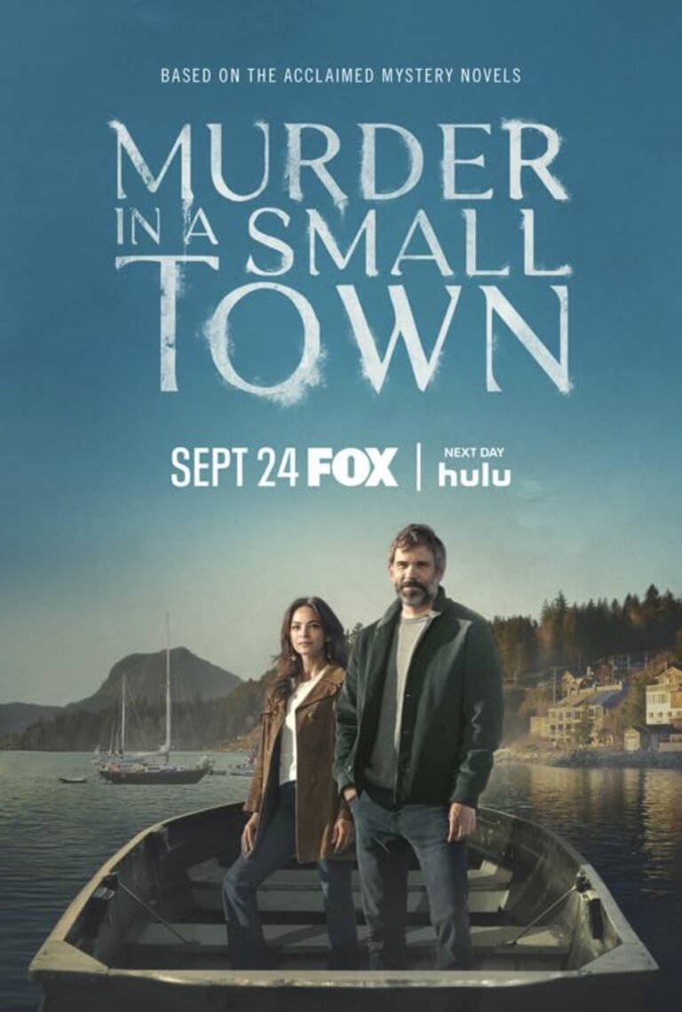 TV show poster featuring a man and a woman in a boat on a lake, with mountains and houses visible in the background on a clear day.