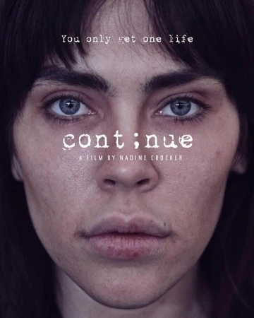 Close-up portrait of a young adult woman with brown hair and striking blue eyes, against a dark background, reminiscent of a film poster.