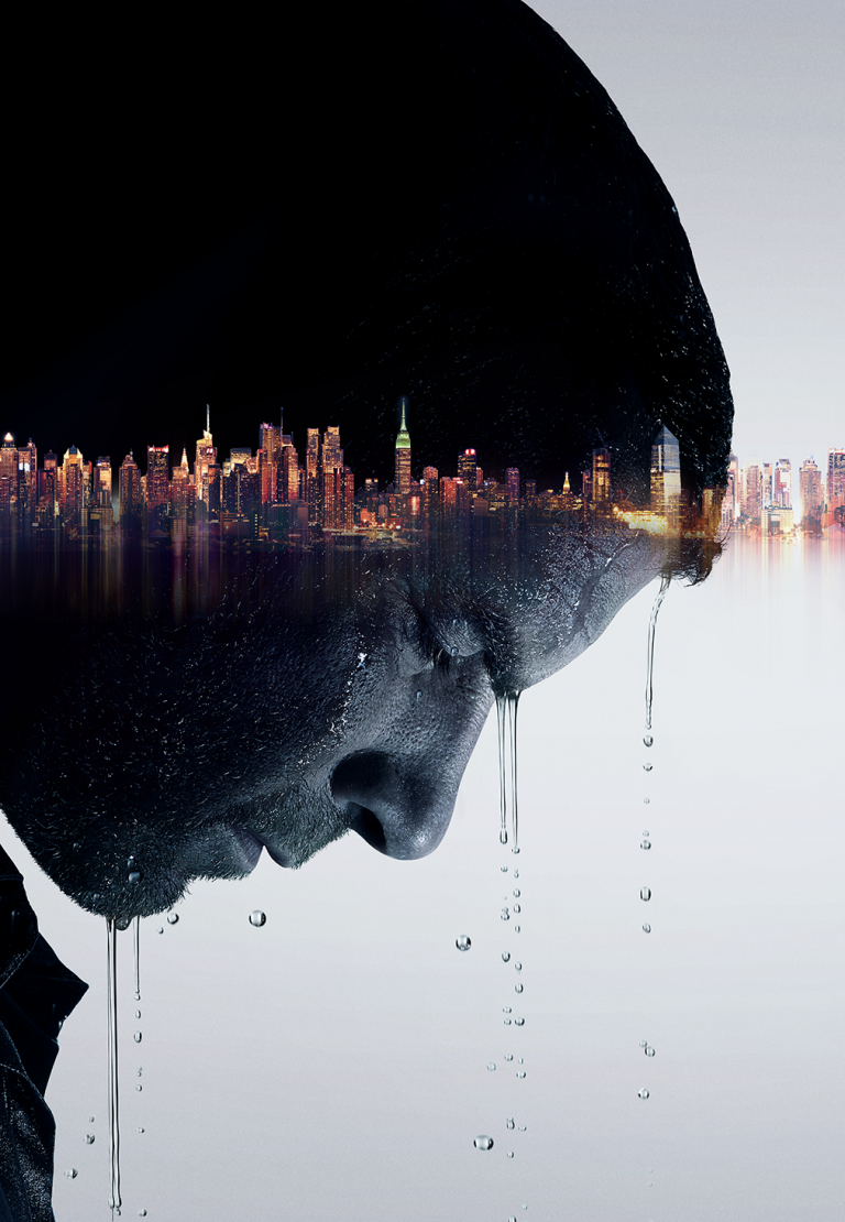 Portrait of a male figure with a city skyline overlaid, featuring water droplets, against a gradient white background, dramatic lighting.