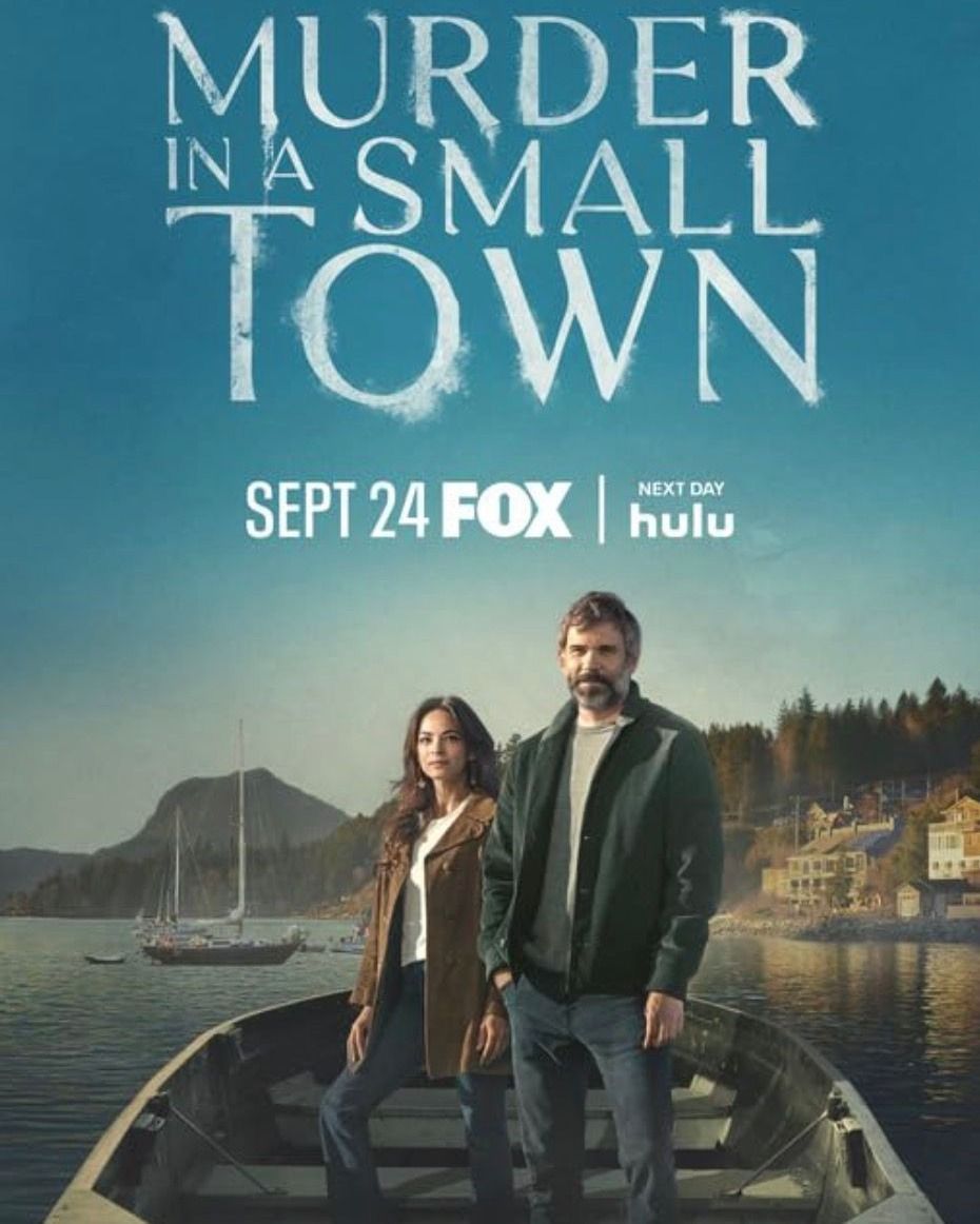 Promotional image for 'Murder in a Small Town' featuring a man and woman in a rowboat on a lake, with mountains in the background.
