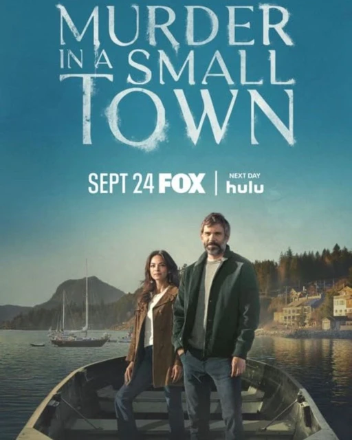 Promotional image for 'Murder in a Small Town' featuring a man and woman in a rowboat on a lake, with mountains in the background.