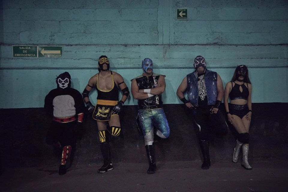 Group of five masked Mexican wrestlers posing against a blue wall, showcasing colorful costumes and theatrical masks in indoor setting.