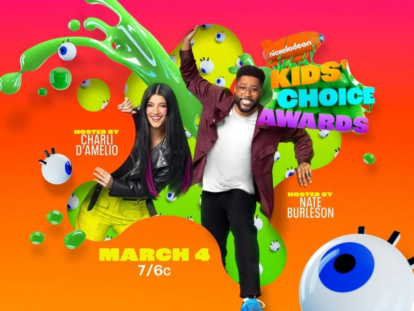 Promotional poster for Nickelodeon Kids' Choice Awards with Charli D'Amelio and Nate Burleson on an orange to red gradient backdrop.