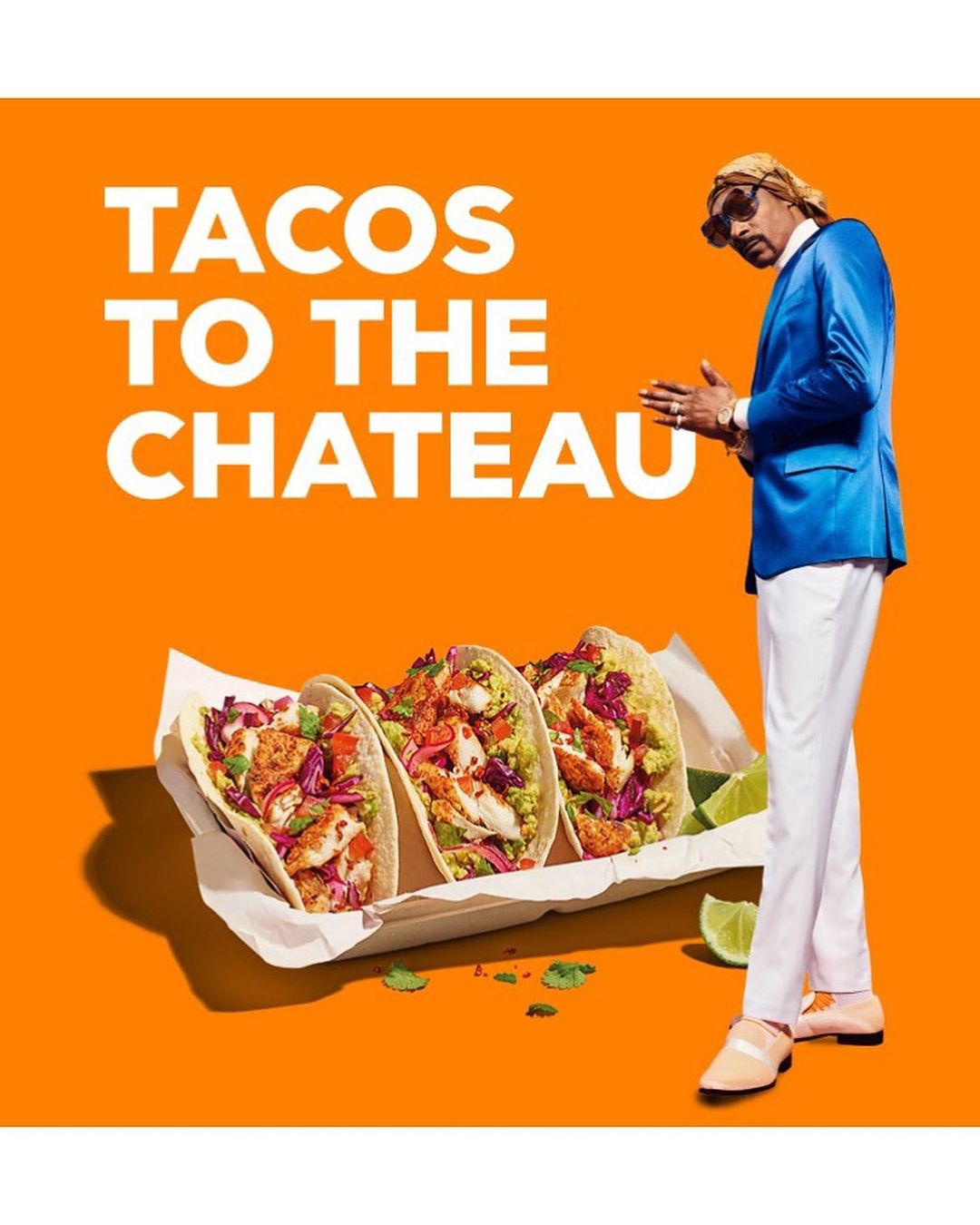 Snoop Dogg in a suit, tacos, and a vibrant orange background create an eye-catching food and entertainment promotional image.