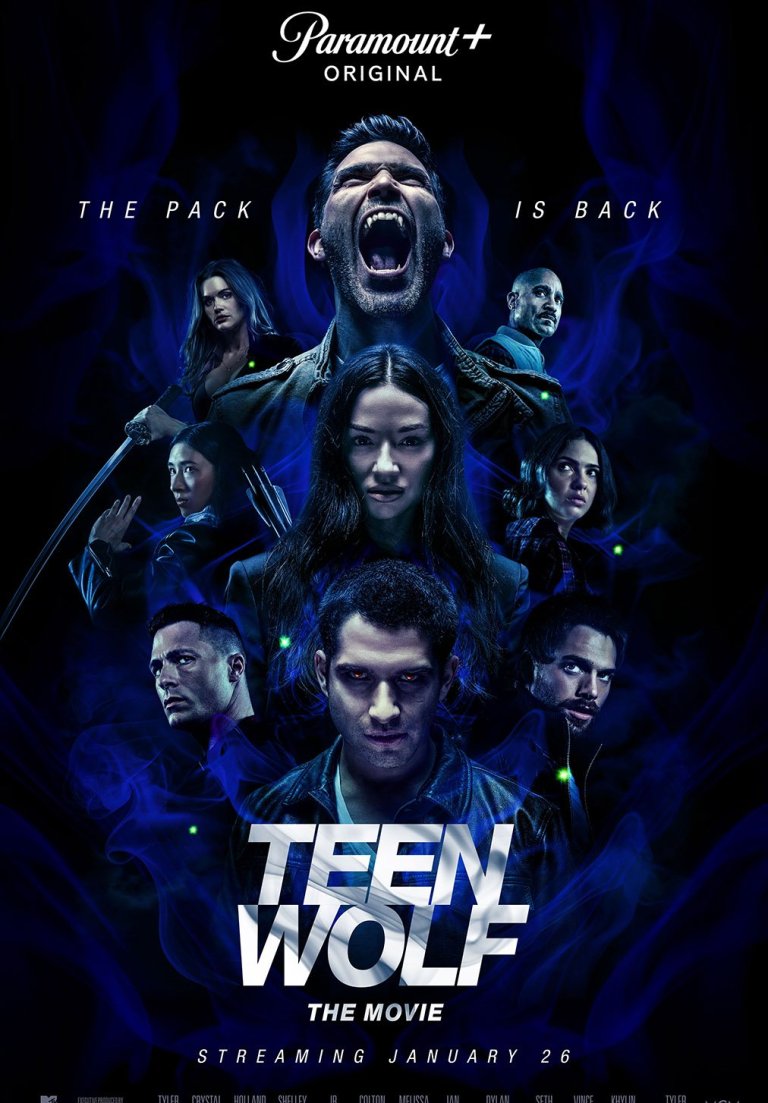 Movie poster for 'Teen Wolf: The Movie' features a group of actors, set against a dark blue background with smokey effects and the film's title.