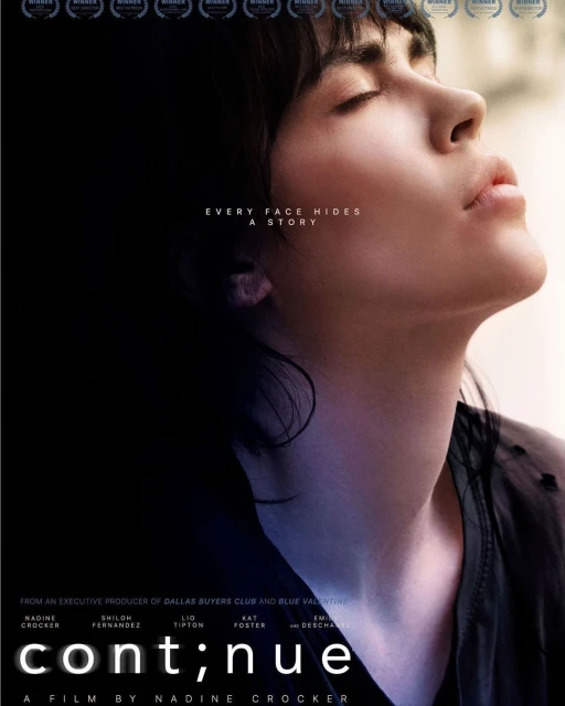 Portrait of a young woman with closed eyes against a gradient background. Movie poster for "Continue" by Nadine Crocker.