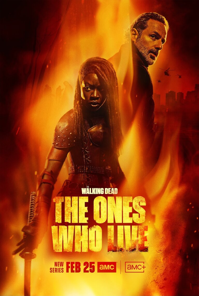 Poster for The Walking Dead: The Ones Who Live features two adults in a fiery environment, promoting the new series premiering February 25 on AMC.