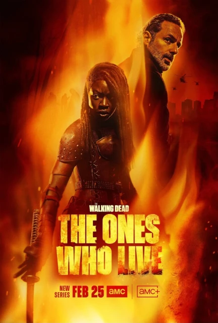 Poster for The Walking Dead: The Ones Who Live features two adults in a fiery environment, promoting the new series premiering February 25 on AMC.