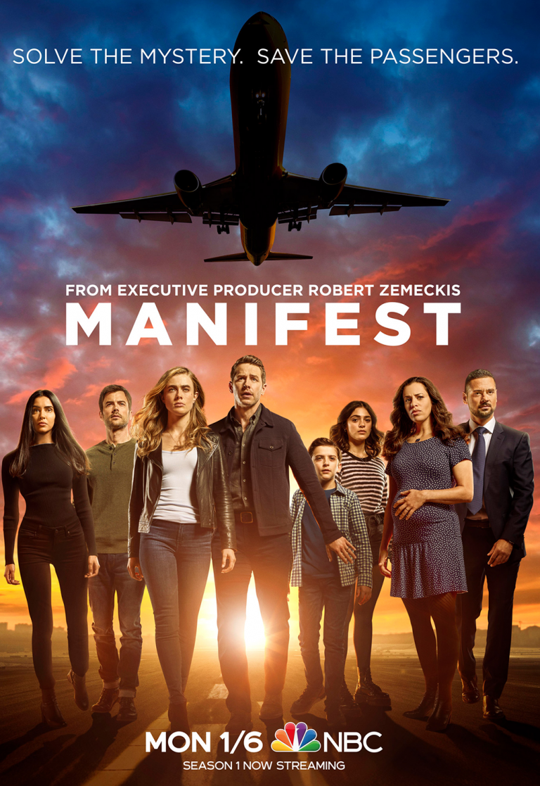 An ensemble cast of eight people stand lined up together as an airplane flies overhead against a sunset sky with text reading Manifest.