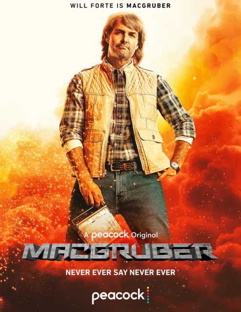 Promotional image of Will Forte as MacGruber, character portrait in a tan vest and plaid shirt, against an explosion background.